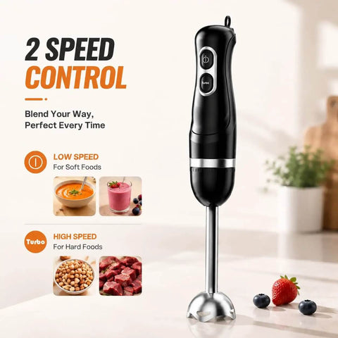 Hella Smooth Corded Immersion Blender With Two Knockout Speeds And A Beefy Copper Motor For Effortless Soup Puree Sauce Blending Paired With Stainless Steel Blades For Zero Fuss Kitchen Prep Magic showing 2-speed control with black finish.