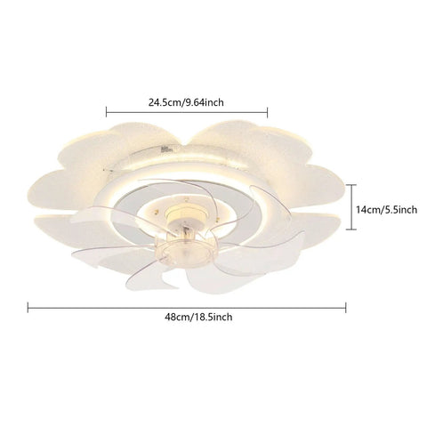 Ceiling Fan with Light 18.5 Inch Low Profile Modern Acrylic for Bedroom, showing dimensions and design from a top view.