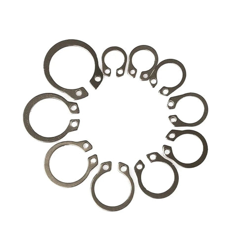 Stainless Steel C Clip Retaining Rings And Washers Kit, 100 Pcs, 8-18mm Bearing Snap Rings Assortment in circle formation
