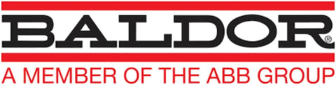 Baldor logo, a member of the ABB Group, black and red text on white background