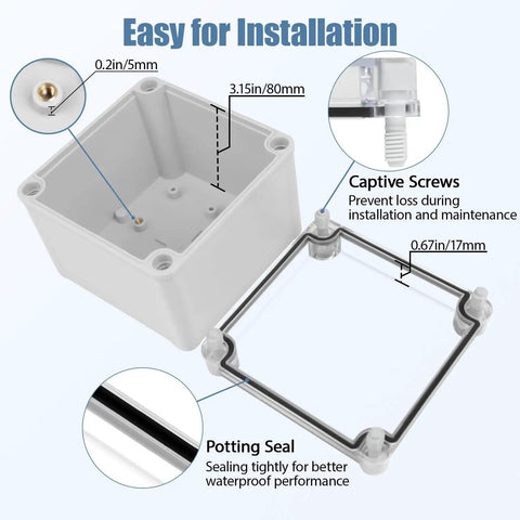 IP67 Waterproof Junction Box With Transparent Cover For Outdoor DIY Projects Dustproof Electrical Enclosure Gray 4.9x4.9x3.9In showing details like captive screws and potting seal
