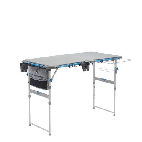 Outdoor Cook Table With Adjustable Height And Foldable Four Foot Work Station, Storage For Cooking Accessories.