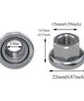 Top Tier 3/8 Inch Bike Wheel Axle Nut Kit Built Tough And Fresh Rock Solid Alloy Steel Bicycle Hardware showing measurements.