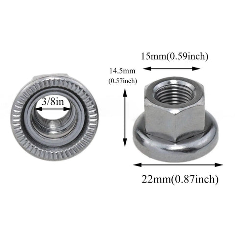 Top Tier 3/8 Inch Bike Wheel Axle Nut Kit Built Tough And Fresh Rock Solid Alloy Steel Bicycle Hardware showing measurements.