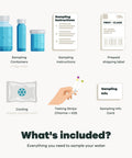 Top Tier Home Water Test Kit For Well And City Tap Sources Checks One Hundred Sixteen Parameters Including Lead Copper Hardness Alkalinity Bacteria And Chlorine With Legit Epa Certified Lab Reports For Total Peace Of Mind, showing sampling containers, instructions, cooling bag, and testing strips.
