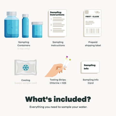 Top Tier Home Water Test Kit For Well And City Tap Sources Checks One Hundred Sixteen Parameters Including Lead Copper Hardness Alkalinity Bacteria And Chlorine With Legit Epa Certified Lab Reports For Total Peace Of Mind, showing sampling containers, instructions, cooling bag, and testing strips.