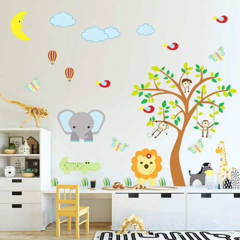 Kid Friendly Jungle Animal Wall Stickers Set With DIY Monkey Elephant Giraffe Zebra Lion Bird Trees Moon and Hot Air Balloon