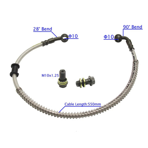 Heavy Duty Stainless Braided Hydraulic Brake Hose Line 550mm 21.6 Inches With M10 Banjo Bolts Two Angles 28 Degree And 90 Degree