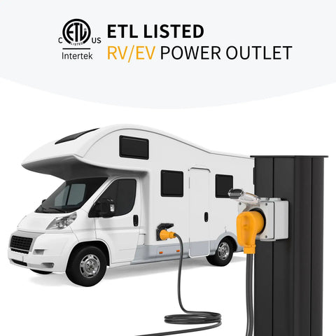 Outdoor NEMA 14-50R 50 Amp RV Power Outlet Box 125/250V Weatherproof And Dustproof ETL Listed powering an RV