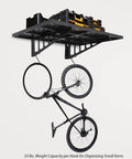 Heavy Duty Garage Wall Shelves 2 Pack 2x3 Ft Wall Mounted Storage Racks With Four Hooks Up To 560 Lbs Total Capacity installed with hooks holding a bicycle