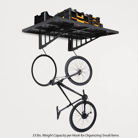 Heavy Duty Garage Wall Shelves 2 Pack 2x3 Ft Wall Mounted Storage Racks With Four Hooks Up To 560 Lbs Total Capacity installed with hooks holding a bicycle