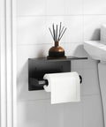 Black Toilet Paper Holder With Shelf And Phone Shelf Self Adhesive No Drill Wall Mount Stainless Steel Front Folding Design