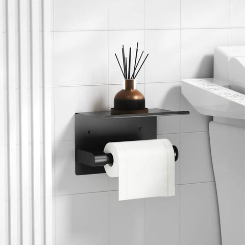 Black Toilet Paper Holder With Shelf And Phone Shelf Self Adhesive No Drill Wall Mount Stainless Steel Front Folding Design