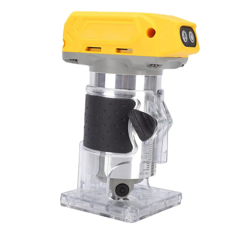 Close-up of Cordless Wood Router With 800W Brushless Motor, 5 Speed Settings From 3,000 To 30,000 RPM, yellow and black design