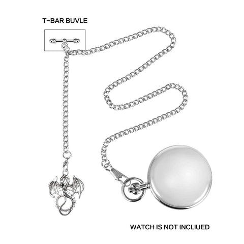 Mens Albert Chain Pocket Watch Curb Link Key Chain with dragon pendant and T-bar fob, vintage silver tone, 37cm length, two hooks