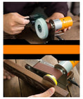 Mini Electric Belt Sander And Multifunctional Knife Sharpener For DIY Projects being used on wood and blades for precision.