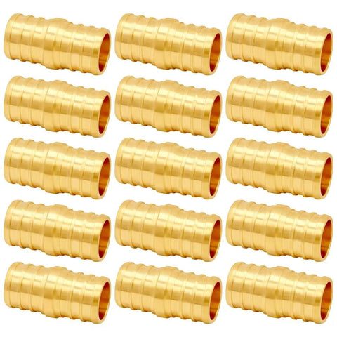 15 Piece Lead Free Brass 3/4 Inch PEX Straight Crimp Coupling Set for plumbing fittings, durable barbed connectors, home DIY projects