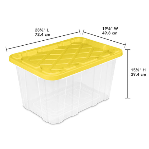 Tough As Nails 27 Gallon Plastic Storage Totes With Secure Locking Lids For Garage Organization 16 Pack, clear bin with yellow lid dimensions.