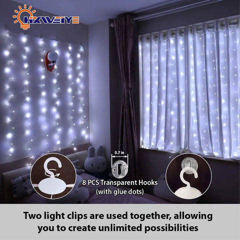 White Short Curtain Lights For Small Window 3.3x5Ft Fairy Lights With Timer And 8 Clips Battery Powered 96 LED String Lights displayed indoors