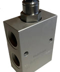 FluidHaus inline hydraulic counterbalance valve in gray aluminum block with four SAE -8 ports; angled side view.