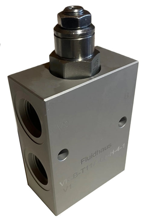FluidHaus inline hydraulic counterbalance valve in gray aluminum block with four SAE -8 ports; angled side view.