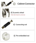 Three In One Furniture Connector Kit With Cam Locks Nuts Screws Dowels for cabinets demonstrating eccentric wheel and rod