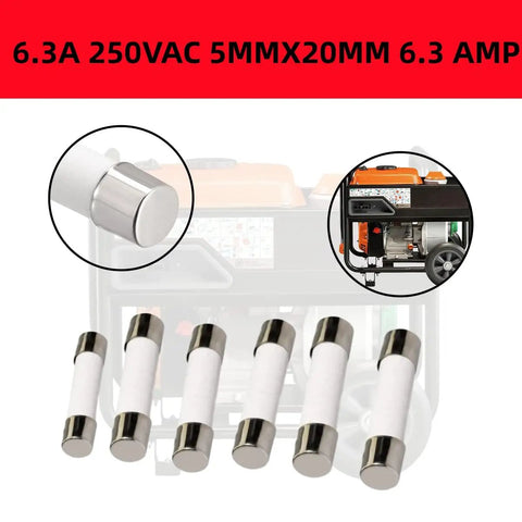 Generator Fuse Replacements 6.3A 250VAC 5x20mm 6 Pack for 10000005117 Model Reliable Power Protection shown with generator