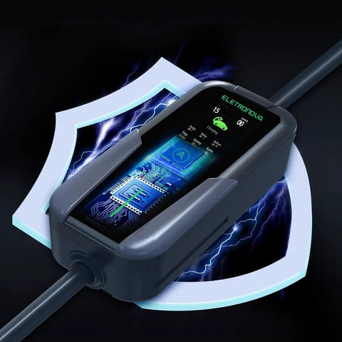 Close-up of Level Two EV Charger With 240V NEMA 14 To 50 Plug and 25 Foot Cable UL Certified with LCD display.