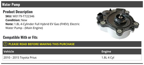 Electric Water Pump For 2010 To 2015 Toyota Prius 1.8L 4 Cylinder Full Hybrid Direct Fit showing new electric water pump design.
