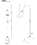 Technical diagram of Convertor Shower Unit With 62 Inch Tall Riser And 5 1/4 Inch Reach Tub Filler Spout, polished chrome finish.