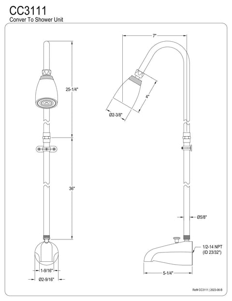 Technical diagram of Convertor Shower Unit With 62 Inch Tall Riser And 5 1/4 Inch Reach Tub Filler Spout, polished chrome finish.