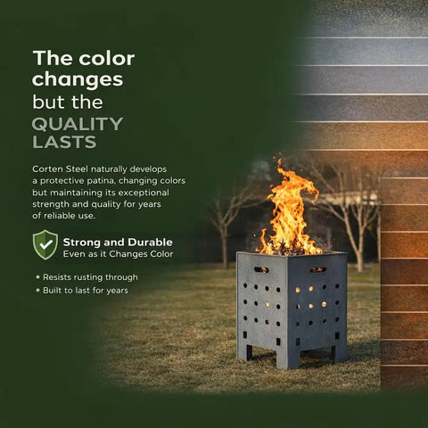 Beast Of A Heavy Duty Outdoor Burn Barrel Fire Pit With Reinforced 2.0 Mm Lid And Base Corten Steel Yard Waste Incinerator For Leaves Wood And Paper 30 Inch Large Capacity For Quick Cleanup, shown on lawn with fire