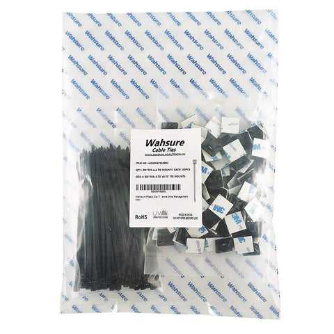 Self Adhesive Wire Clips And Cable Zip Tie Mounts Three Quarter Inch With Six Inch Zip Ties Black Outdoor UV Protected 100 Pieces Sticky Wire Fasteners For Cable Management And Mounting Square Holder Anchor Base Small