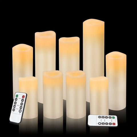 Ivory Flameless Wax Pillar Candles Set Of 9 LED Battery Operated Pillars Ranging 4 5 6 7 8 9 Inches With Remote And 24 Hour Cycling Timer