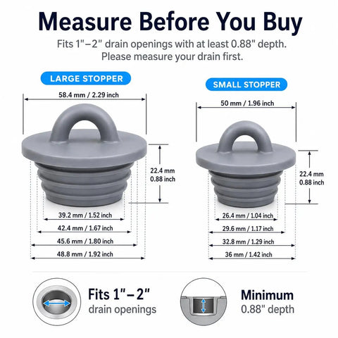 Universal Silicone Drain Plug Set For Bathtub And Bathroom Sink Features A Smooth Ring Grip Handle dimensions for large and small stoppers.