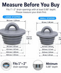 Four Pack Silicone Bathtub Drain Stopper Designed For Easy Pull Loop Handle With Slick Watertight Sealing That Blocks Hair Clogs To Keep Your Daily Routine Easy Peasy, measuring guide with large and small stopper dimensions.