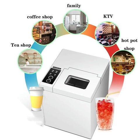 Countertop Ice Maker With Portable Cube Machine For Home Or Bar, shown with options for coffee, tea, and hot pot shops.