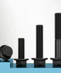 M8 X 25 MM Flanged Hex Head Bolts 10.9 Grade Monster Strength Alloy Steel displayed in varying sizes on blue surface.