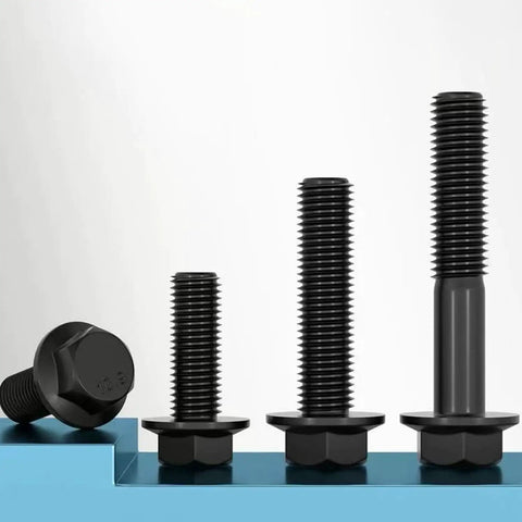 M8 X 25 MM Flanged Hex Head Bolts 10.9 Grade Monster Strength Alloy Steel displayed in varying sizes on blue surface.