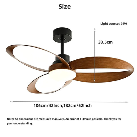 YPDJVLTI Ceiling Fans Lights 42-52Inch Ceiling Lamp showing size measurements and design with wooden blades and light fixture.