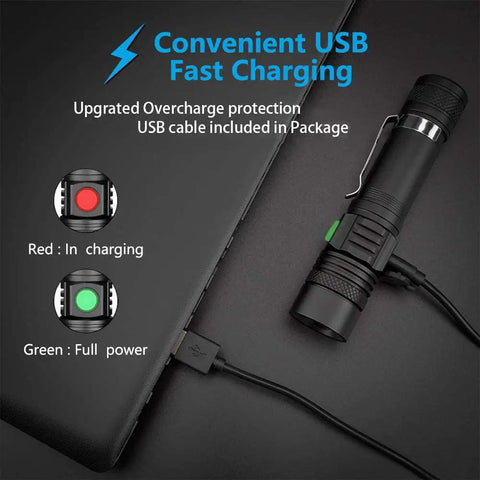 Rechargeable 2000 Lumen LED Tactical Flashlight With Zoomable Beam IPX6 Waterproof charging via USB cable with laptop