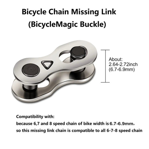 Heavy Duty Reusable Bicycle Chain Links Compatible With 6 7 8 Speed Mountain And Road Cycles Solid Steel quick connector displayed at 2.64-2.72inch size.