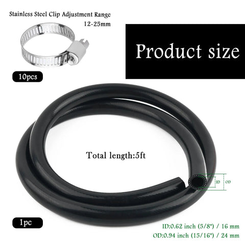 Coiled black rubber automotive heater hose, 5 ft long; ID 5/8 in (16 mm), OD 15/16 in (24 mm).