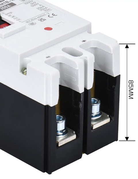 Beefy 300 Amp Battery Disconnect Switch for Power Stations and Solar Systems, DC Circuit Breaker With Thermal Magnetic Trip Protection, Easy Isolator for 12V to 30V Without Short, and 32V to 400V With Short Circuit Protection, side view, 85mm height.