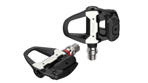 Assioma Pro RS1 Single Side Power Meter Pedals With Cleats, Shimano SPD SL Compatible, showing carbon-fibre body and sensor detail