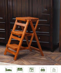 3 Step Wooden Folding Stool Chair With Solid Pine Frame in home setting next to dark wood cabinets