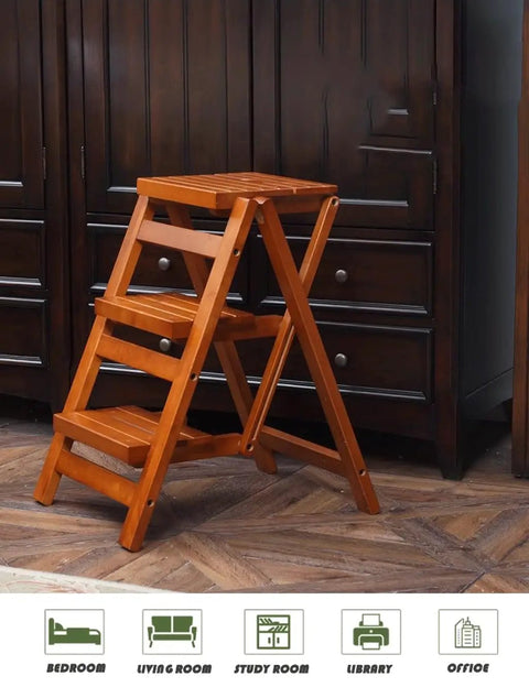 3 Step Wooden Folding Stool Chair With Solid Pine Frame in home setting next to dark wood cabinets