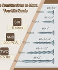 Six Size Wood Screws Kit For Cabinet, Furniture And DIY Projects, Heavy Duty Assortment Set shown with six screw sizes.