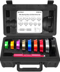 Open case showing Bearing Press Kit 10 Piece Bearing Race And Seal Driver Set with dual sided adapters, 9 colored metric sizes, and tool handle
