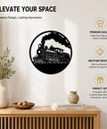 Rustic Steam Locomotive Metal Wall Art Decor For Living Room And Office displayed on white wall with decor items